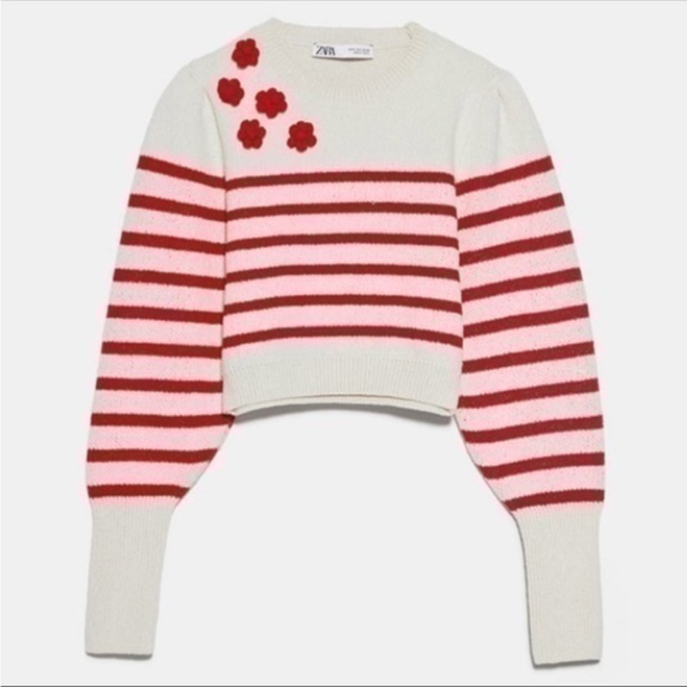 ZARA knit sweater with stripes ecru/red 6771/024